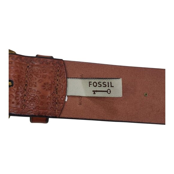 Fossil Boho Embossed Leather Belt Brass Buckle Brown Fits Waist 31-35" 1.75" - Picture 4 of 12